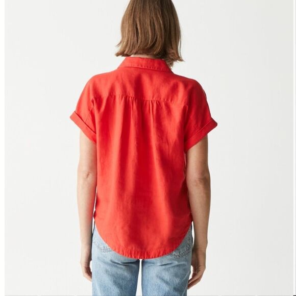 Michael Stars 100% Linen Charlie Button Down Short Sleeve Shirt Cherry Red Med - Picture 2 of 8